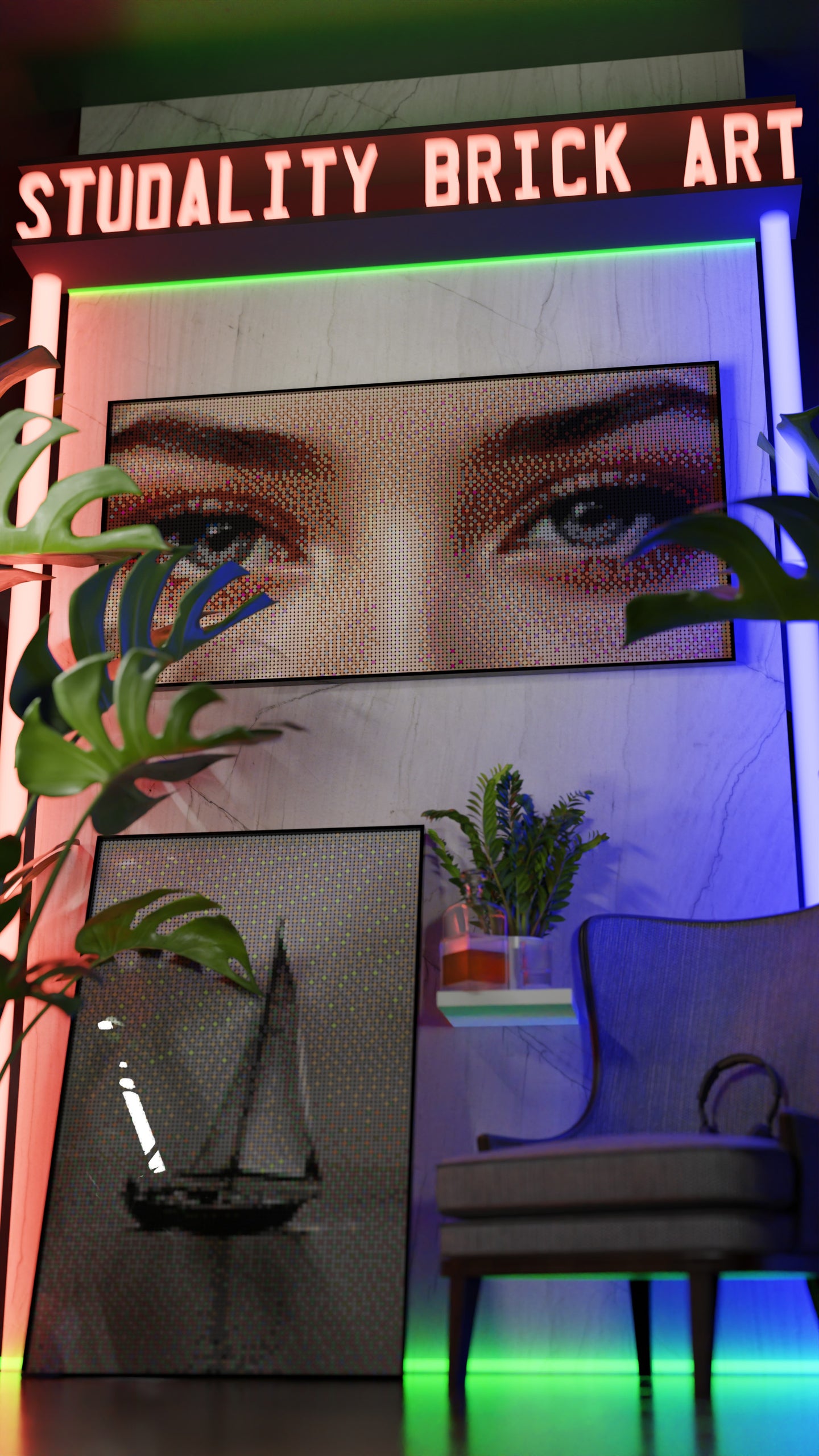 The Alluring Stare LEGO® Style mosaic wall art made from colorful plastic bricks